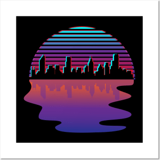 Synthwave City Skyline Silhouette Glitch Art Design Posters and Art